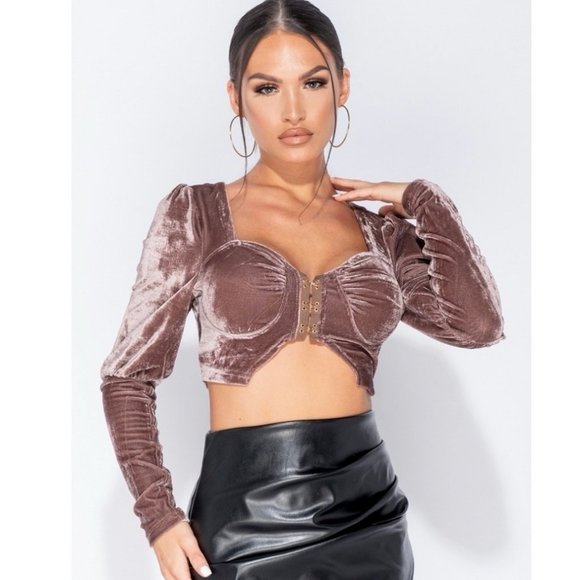 Tops - Brown Velvet Long Puff Sleeve Bustier Crop Top